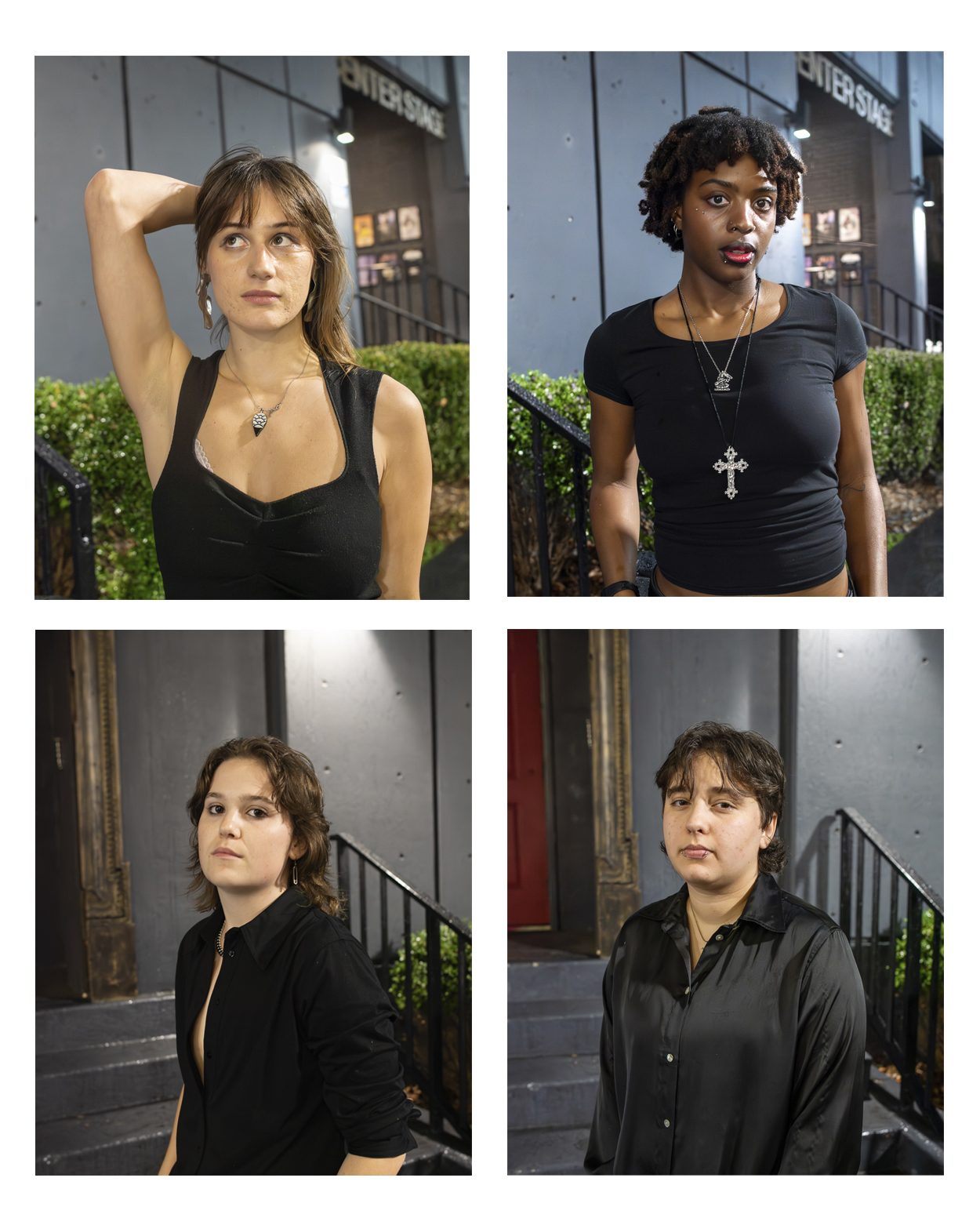 Four individual portraits of band members arranged in a grid. Each person stands outdoors near a stair railing and greenery at night, wearing black clothing. The top left shows a person in a black tank top with one arm raised. The top right shows a person in a fitted black T-shirt wearing a large cross necklace. The bottom two portraits show two people in black button-down shirts, each looking directly at the camera with a calm, serious expression.