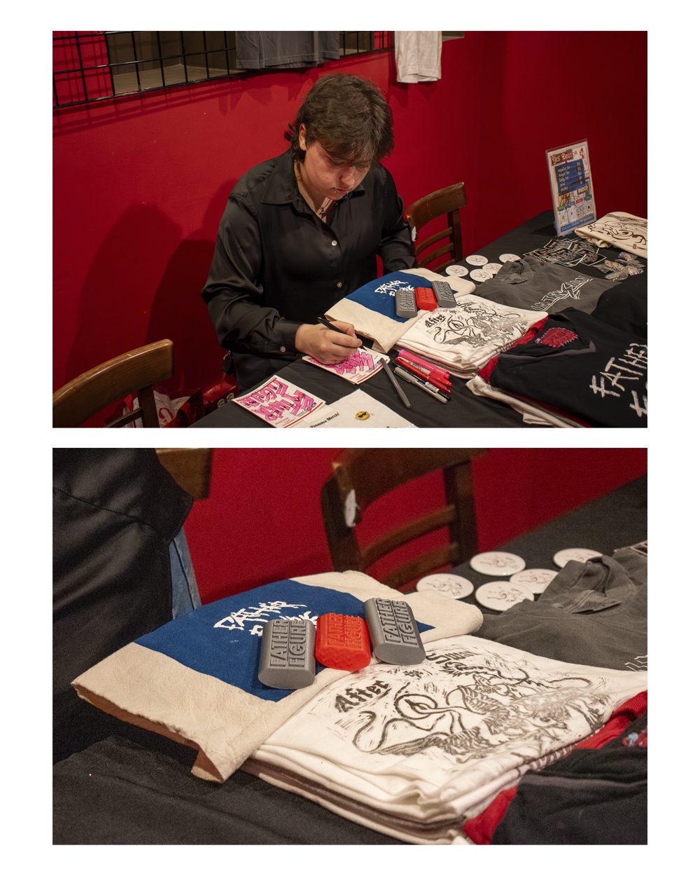 Top photo: Sophia creates some free stickers to give away to fans at the merch table. Bottom Photo: Father Figure merch laying on the merch table featuring 3D printed Lighter Lockers and homemade block printed t-shirts.