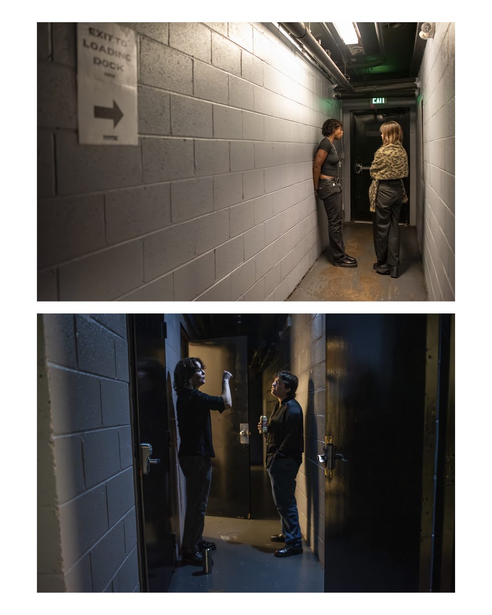 Top: Chris and Toni practice some vocals right before heading on stage in a hallway near the green room. Bottom: Ezi and Sophia doing vocal warmups in another hallway near the green room to prepare for the show.