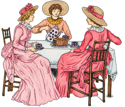 Hand-coloured vintage illustration of three women in Victorian dresses and straw hats sharing tea at a round table with a white tablecloth. The woman in the centre pours from a spotted teapot, while two women in pink gowns sit facing each other over a cake and teacups.