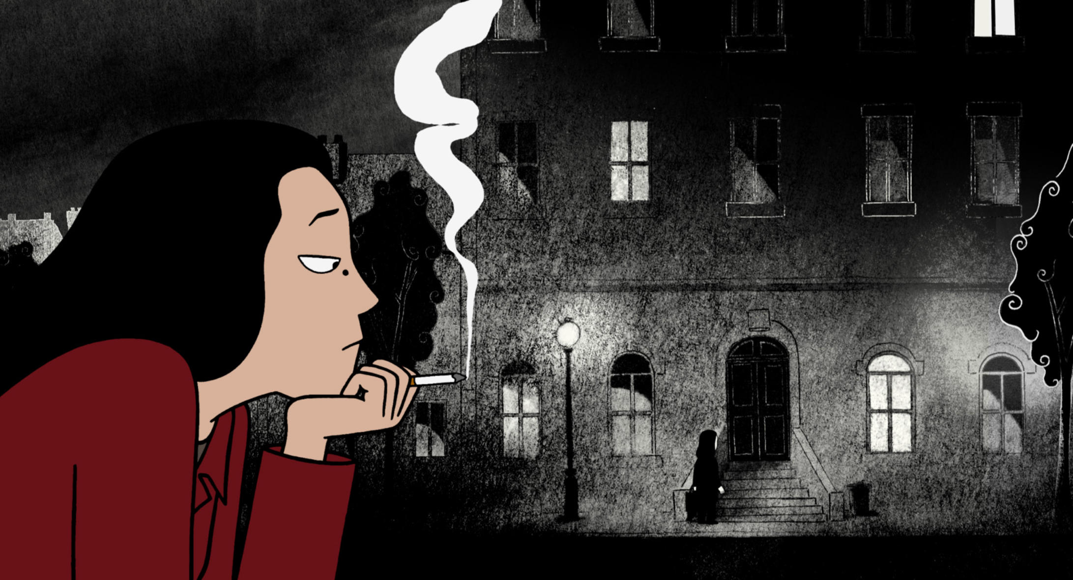 Black-and-white illustration from Persepolis showing a young girl in profile smoking a cigarette, with a dark, shadowy building and lit windows in the background.