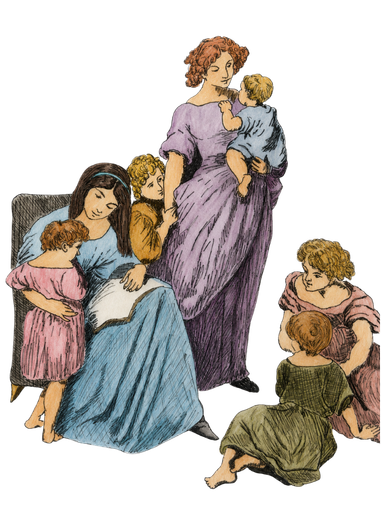 Hand-coloured vintage illustration of women caring for children together. A woman in a blue dress sits holding two small children as a woman in purple stands beside her, while another woman in pink kneels to comfort a child in a green dress.