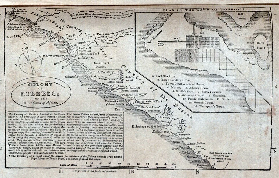 An 1836 map of the Colony of Liberia, established under the auspices of the American Colonization Society. Source: University of Texas at Arlington Libraries Special Collections/Wikimedia Commons (Public Domain).